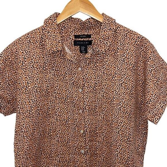 Tahari 100% Linen Shirt Dress Brown White Animal Print Breathable Women’s Medium - Picture 2 of 8